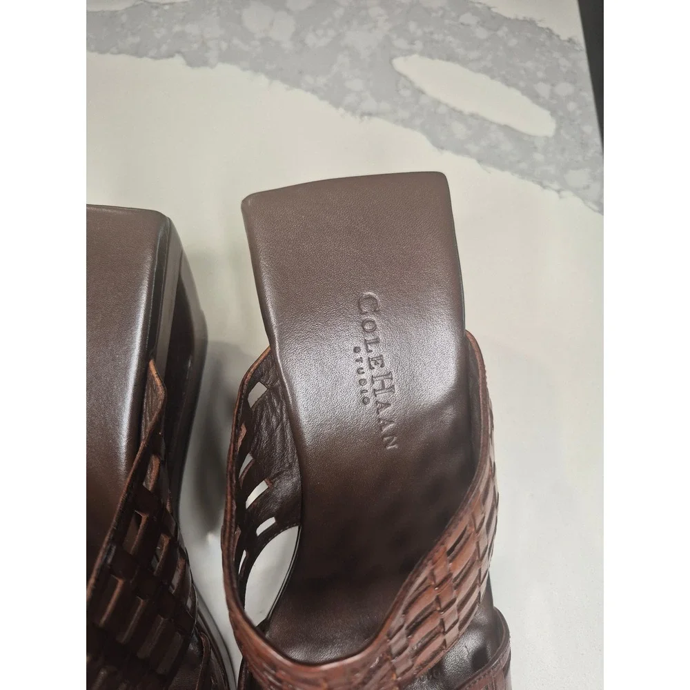 Cole Haan Studio Brown Leather Woven Cutout Wedge Sandals Square Toe Slides